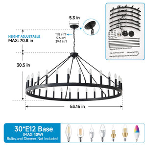 53.15 Inch Matte Black Wagon Wheel Chandelier with 30 Lights