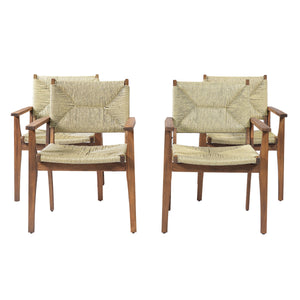 5-Piece Outdoor Dining Set: Teak Finish Round Acacia Wood Table & 4 Wicker Armchairs