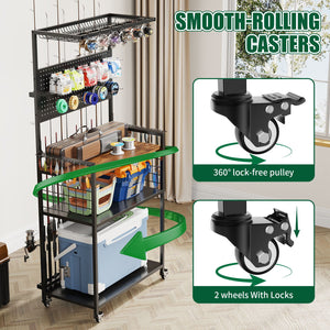 Fishing Rod Storage Rack With Pegboard, Rolling Tackle Organizer Cart - Black