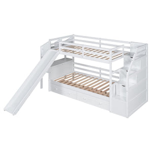 Bunk Bed With Storage Staircase, Slide, Desk, Drawers, And Shelves