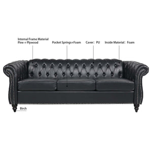 84.65" Black PU Rolled Arm Chesterfield Three Seater Sofa