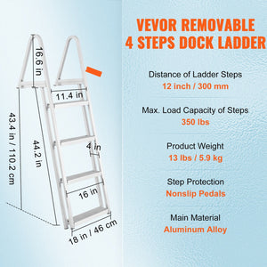Dock Ladder, Removable 4 Steps, 350 lbs Load Capacity