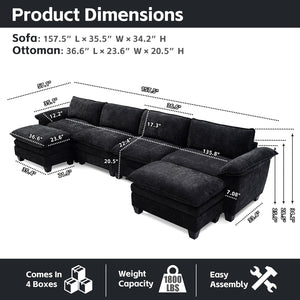 Luxury Chenille Upholstered U Shape Sofa with Two Ottomans