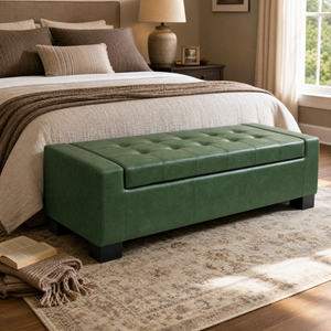 Green Storage Ottoman Bench, PU Upholstered Footrest with Solid Wood Legs