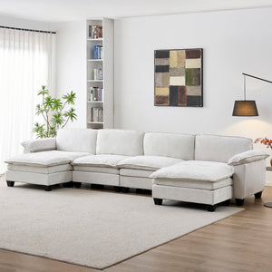 Living Room Furniture Sofa Luxury Couch Four Seater with Two Ottomans Soft Chenille Upholstered U Shape Sofa