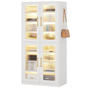 Bookcase With Doors And LED Lighting, 8 Adjustable Shelves Storage Cabinet