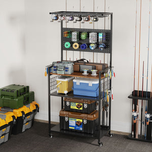 Fishing Rod Storage Rack With Pegboard, Rolling Tackle Organizer Cart - Black