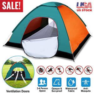 3/4 Man Waterproof Camping Tent Instant Pop Up Dome Tent w/Mosquito Net Doors Bags