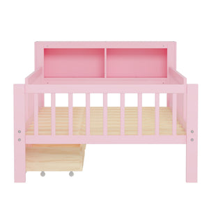 Bed With Headboard Storage Rack, 2 Under Bed Drawers, 3 Side Guardrails For Safety