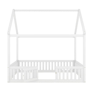 Wood House Bed With Fence And Door