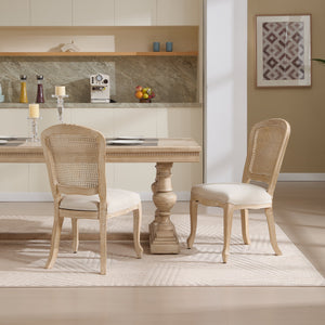 French Country Dining Chairs Set of 2, Upholstered with Rattan Fan-shaped Back