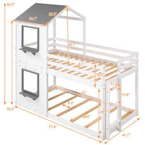 Bunk Bed Wood Bed & Roof, Window, Guardrail, Ladder