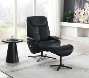 Labotina Top Grain Leather Accent Chair With Swivel & Ottoman - Black