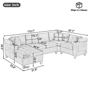 U Shaped Sectional Sofa, Corner Living Room Couch With Built In Cup Holders, Storage, USB Ports