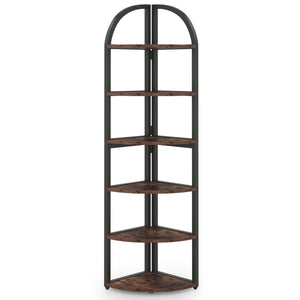 Tall 6 Tier Corner Shelf, Freestanding Bookshelf For Living Room - Rustic Brown