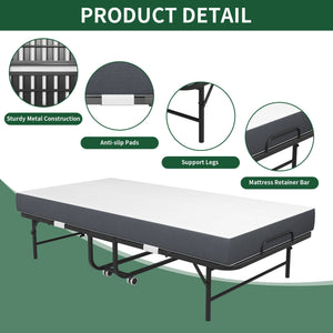 Twin Extra Long Folding Bed For Tall People, Heavy-Duty Rollaway Guest With Memory Foam Mattress - Black