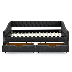 Upholstered Tufted Daybed With 2 Drawers, Waved Arms
