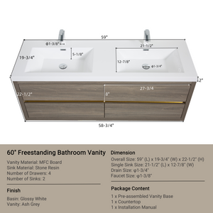 60" Wall-Mounted Bathroom Vanity with Double Sinks and Floating Storage