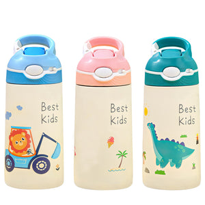13.5Oz Insulated Stainless Steel Water Bottle Leak-proof Bottle for Kids with Straw Push Button Lock Switch Sports Water Bottle for Toddlers Boys Girl