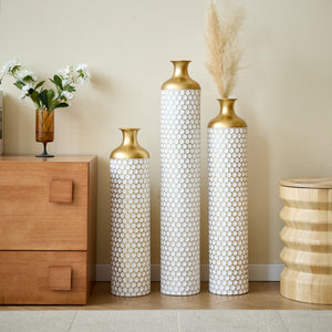 3-Piece Modern Metal Vase Set - White & Gold