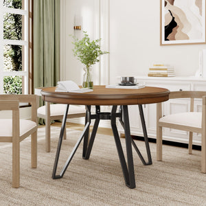 Mid Century Modern Round Dining Table with Metal Legs and Open Shelf