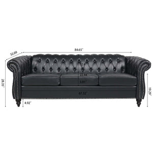 84.65" Black PU Rolled Arm Chesterfield Three Seater Sofa