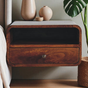 Large Floating Bedside, Curve Open Upper Slot, 1 Drawer, Chestnut