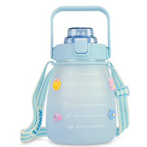 Kawaii Water Bottle with Straw 37.2oz Large Capacity Portable Sports Bottle with Cute Three-Dimensional Stickers