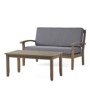 Acacia Wood Outdoor Chat Set with Loveseat and Coffee Table - Light Blue, Beige, Red, Dark Gray
