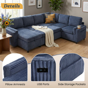 Convertible U-Shaped Sectional Sofa Bed With USB Ports And Storage