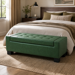Green Storage Ottoman Bench, PU Upholstered Footrest with Solid Wood Legs