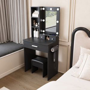 Vanity Table With Mirror, Adjustable LED Lights, Power Outlet, Hairdryer Holder & Stool
