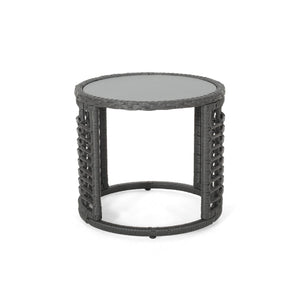 Achill Outdoor Boho Wicker Side Table with Glass Top - Gray