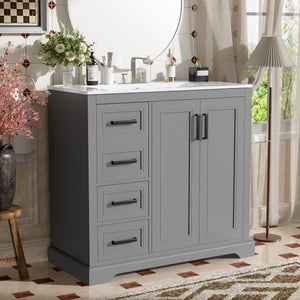 Bathroom Vanity With Sink, Soft Close Doors, Adjustable Shelf & 3 Drawers