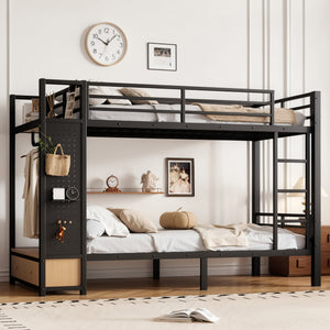 Twin XL Over Twin XL Metal Bunk Bed with Storage Shelves