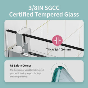 Frameless Sliding Shower Door With Soft- Close, 3 / 8" Tempered Glass