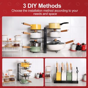 Adjustable Pot Rack Kitchen Storage Organizer with Customizable Installation - Black