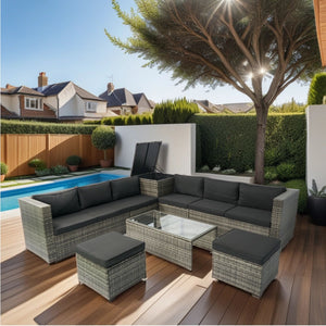 8 Piece Patio Sectional Wicker Rattan Outdoor Furniture Sof Set With One Storage Box Under Seat And Cushion Box - Gray / Black
