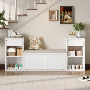 Entryway Storage Bench With Cushion, Drawers & Open Shelves