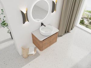 30" Wall-Mounted Bathroom Vanity With Ceramic Art Sink & 2 Soft-Close Doors