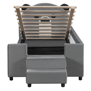 Upholstered Daybed With Bear Shaped Headboard, Hydraulic System And Breathable Fence