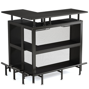 L Shaped Home Mini Bar Table With 2 Tier Shelves & Glass Racks - Black