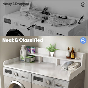 Washer Dryer Countertop Organizer, Double Layer Wooden Laundry Shelf Topper With Edge For Storage - White