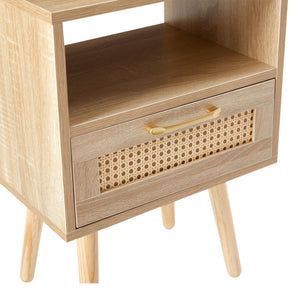15.75" Rattan End Table With Drawer And Solid Wood Legs, Modern Nightstand, Side Table For Living Room, Bedroom