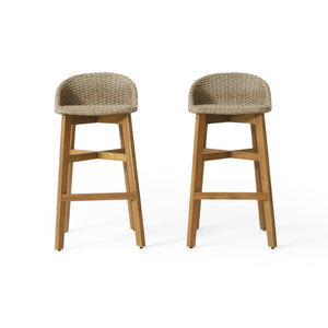 Beeson Outdoor Wicker and Acacia Wood Barstools Set, Water Resistant - Brown