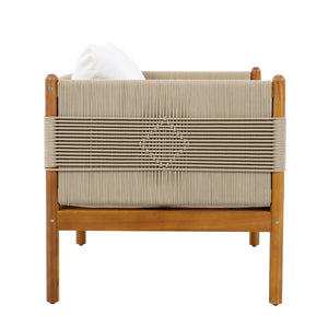 Outdoor Acacia Wood Loveseat with Diamond Rope Weave & Cushions, Teak Finish