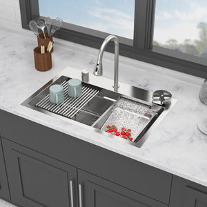 Drop In Waterfall Kitchen Sink With Pull-Out Faucet & Cup Washer