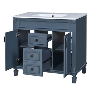 36" Bathroom Vanity With Ceramic Sink and Soft-Close Doors - Blue