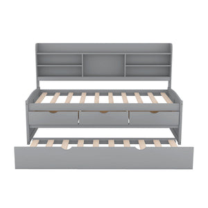 Captain Bed With Built In Bookshelves, 3 Storage Drawers, And Trundle