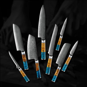 Allure Professional Japanese VG10 Damascus 8-Pcs Knife Set with Exotic Olive Burl Wood & Resin Handle - TRAPSKI